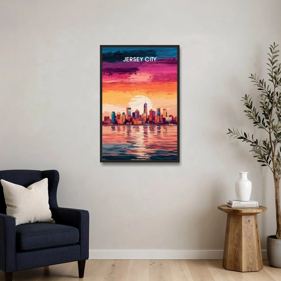 Jersey City Skyline Sunset - Black Framed Canvas Wall Art - Sofa - 24x36