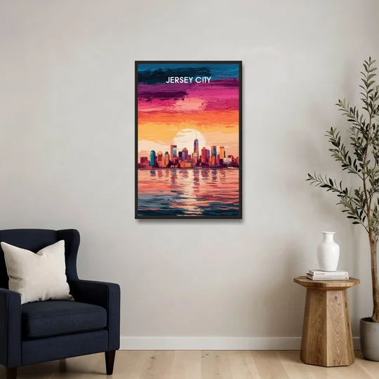 Jersey City Skyline Sunset - Black Framed Canvas Wall Art - Sofa - 24x36