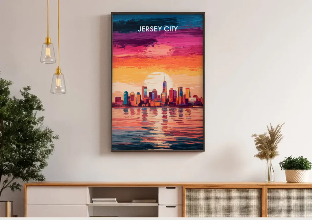 Jersey City Skyline Sunset canvas wall art above a wooden sideboard under pendant lights