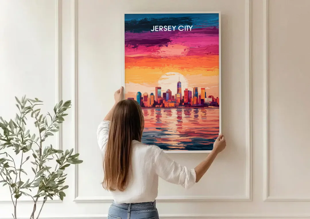 Jersey City Skyline Sunset canvas wall art being hung on a paneled wall