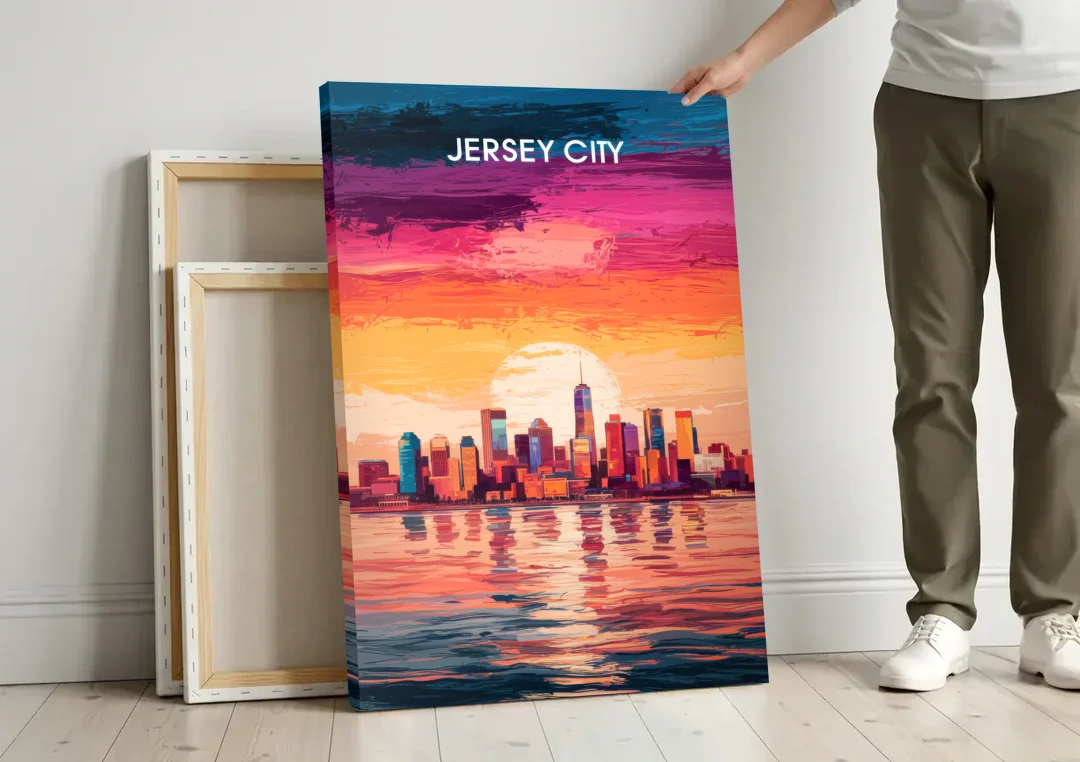 Jersey City Skyline Sunset canvas wall art leaning against a wall next to blank canvases