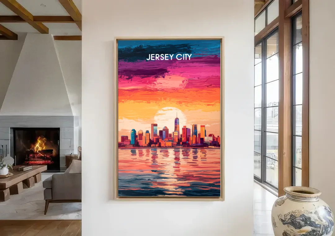 Jersey City Skyline Sunset canvas wall art in a living room with a fireplace