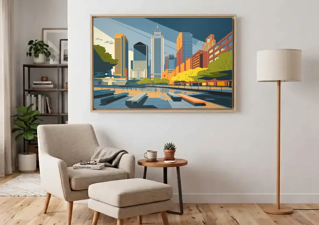 Jersey City Urban Architecture canvas wall art above an armchair in a bright living room