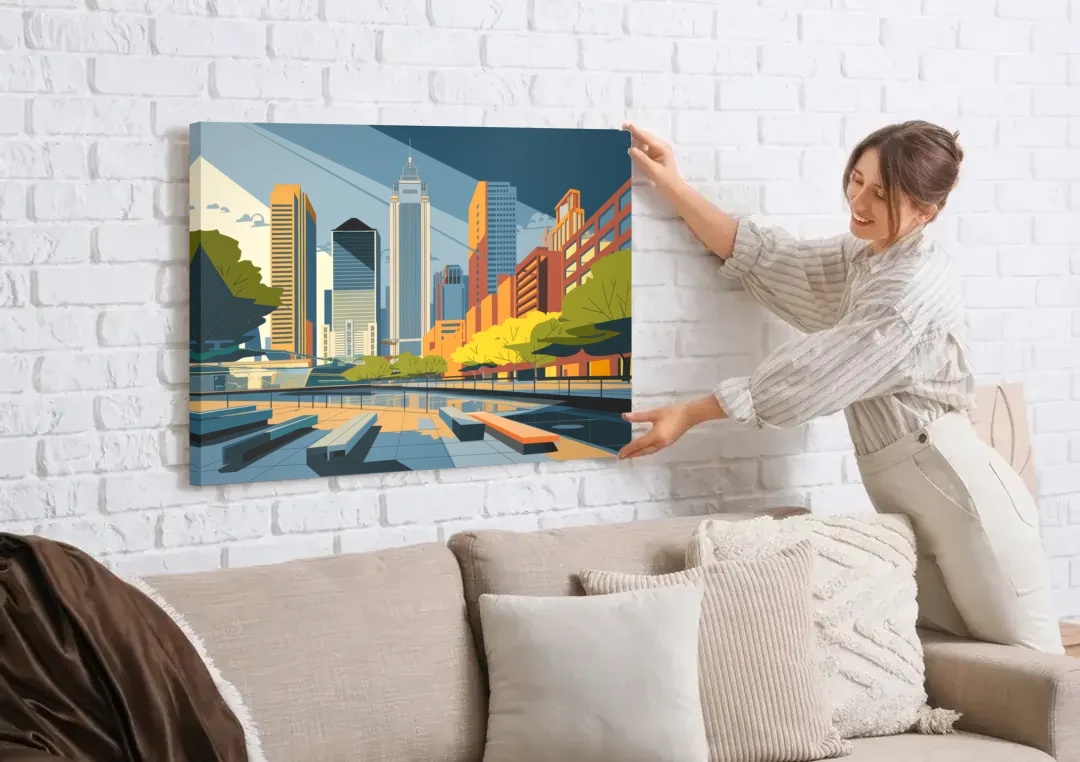 Jersey City Urban Architecture canvas wall art being hung on a white brick wall above a sofa
