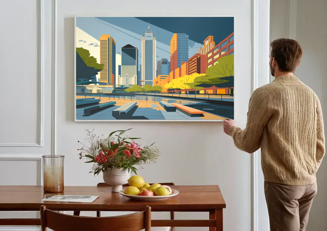 Jersey City Urban Architecture canvas wall art above a dining table
