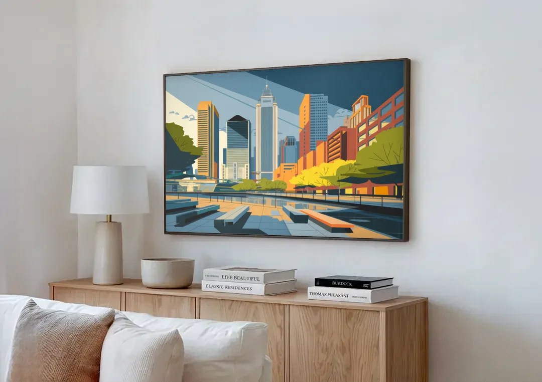 Jersey City Urban Architecture canvas wall art above a wooden sideboard next to a sofa