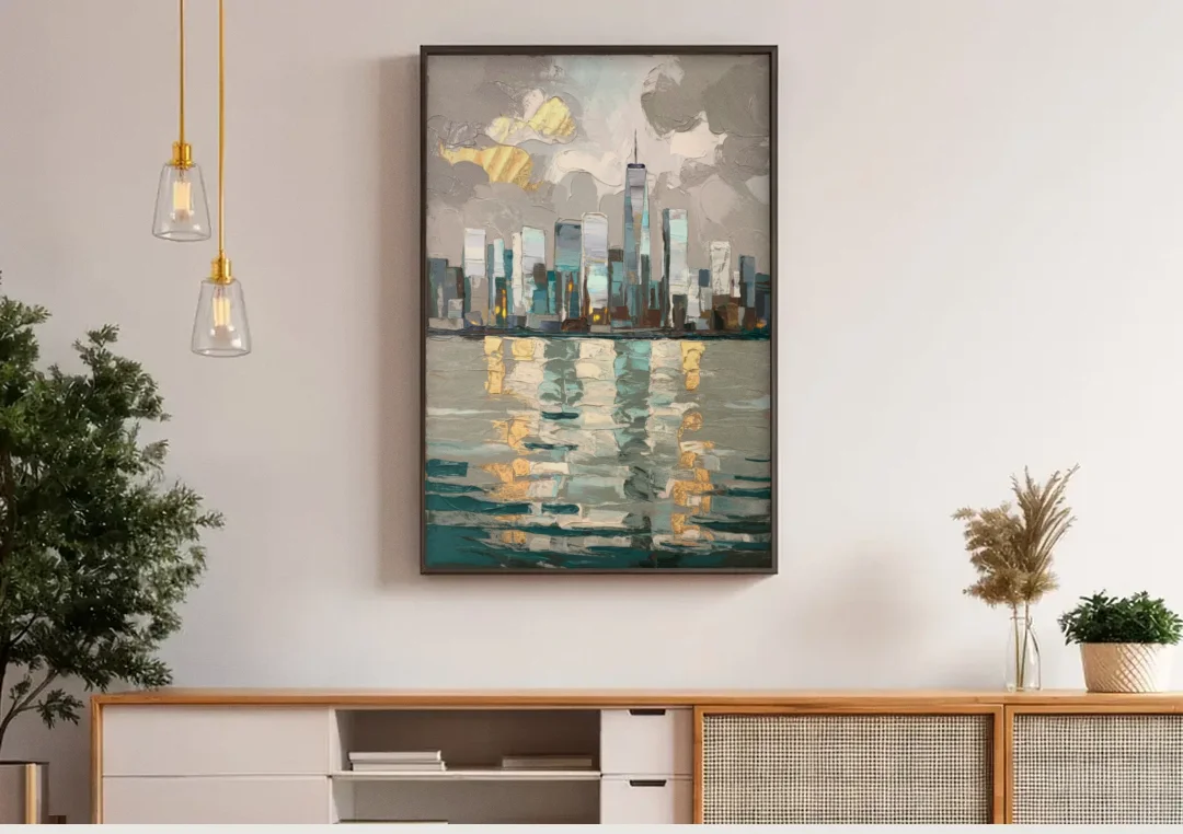 Jersey City Waterfront View canvas wall art above a wooden sideboard under pendant lights