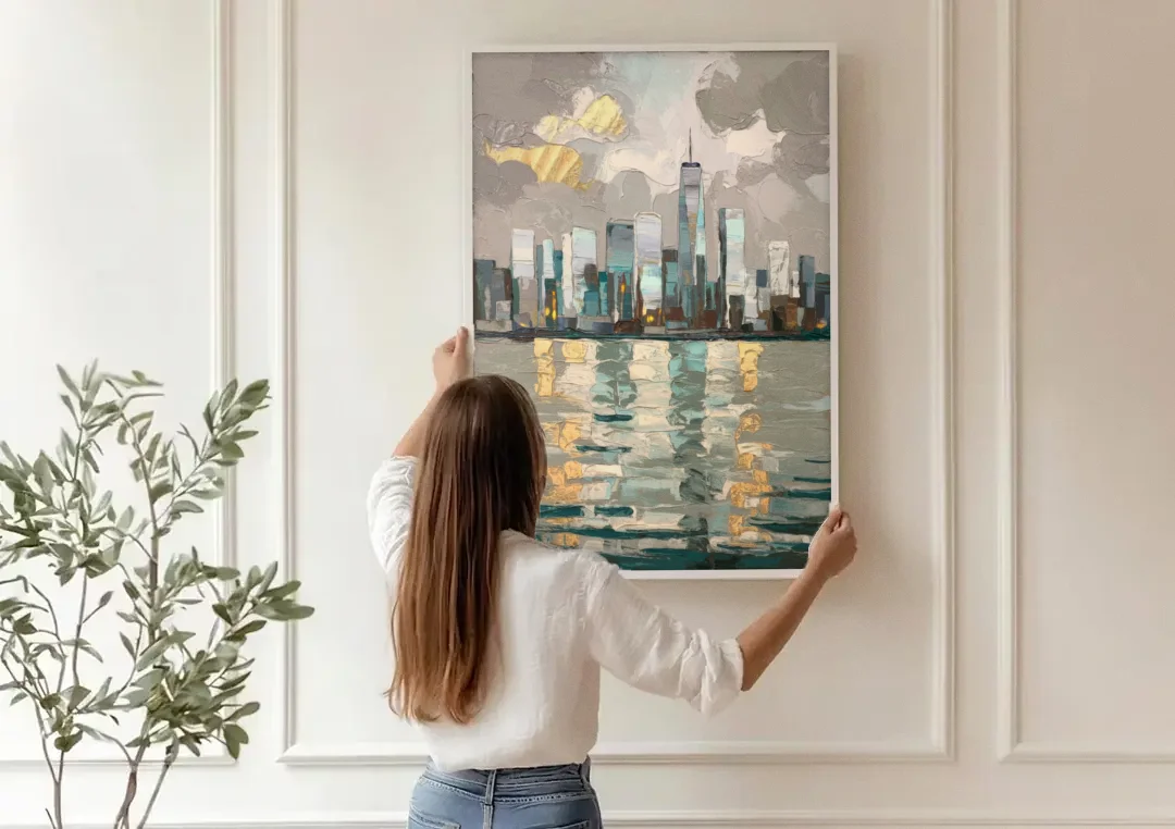 Jersey City Waterfront View canvas wall art being hung on a paneled wall