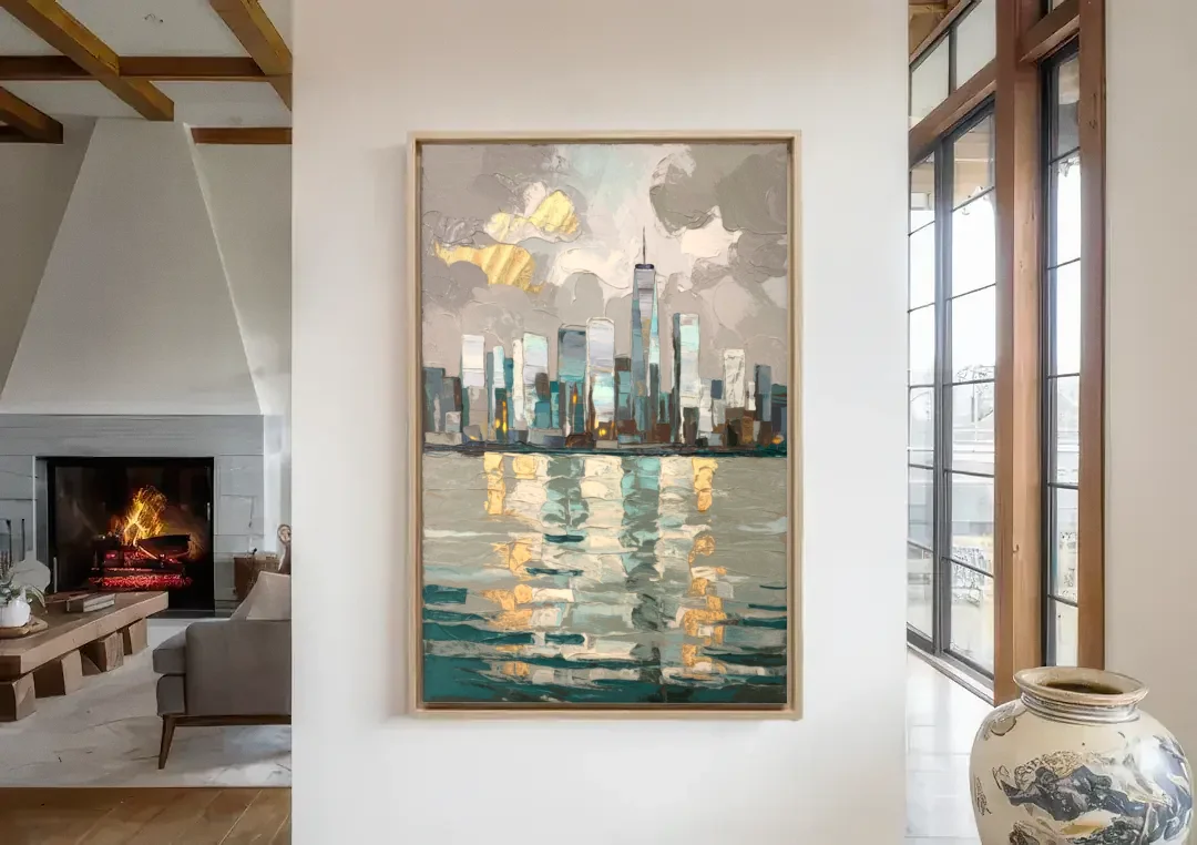 Jersey City Waterfront View canvas wall art in a living room with a fireplace
