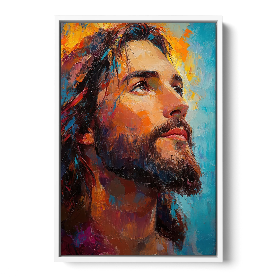 Jesus in Light Christian Absctact - White Framed Canvas Wall Art - Front