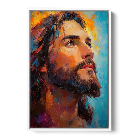 Jesus in Light Christian Absctact - White Framed Canvas Wall Art - Front
