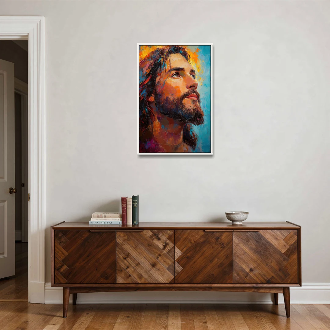 Jesus in Light Christian Absctact - White Framed Canvas Wall Art - Coffee Table - 24x36