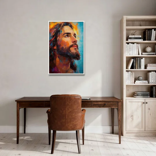 Jesus in Light Christian Absctact - White Framed Canvas Wall Art - Office - 24x36
