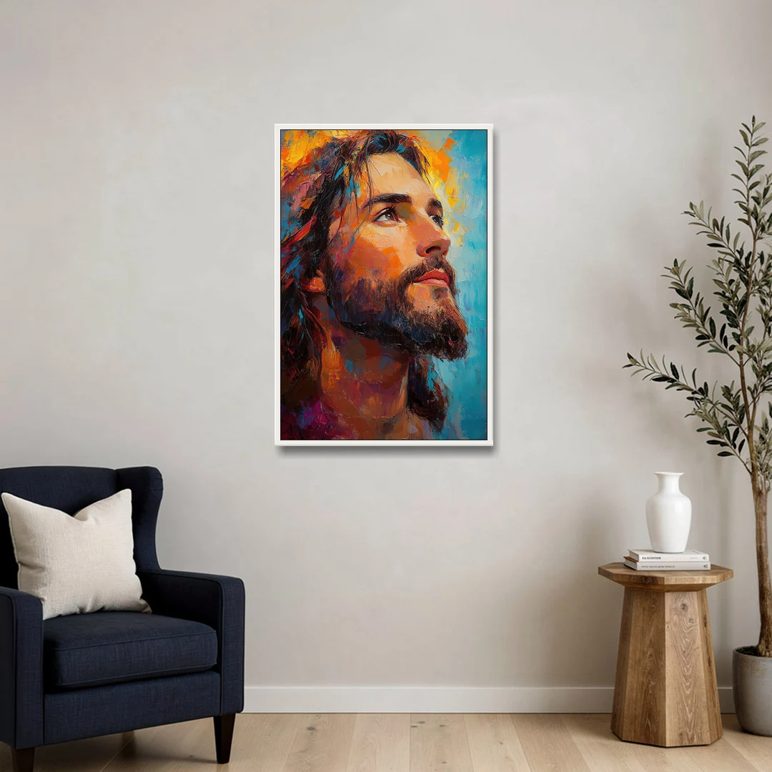 Jesus in Light Christian Absctact - White Framed Canvas Wall Art - Sofa - 24x36