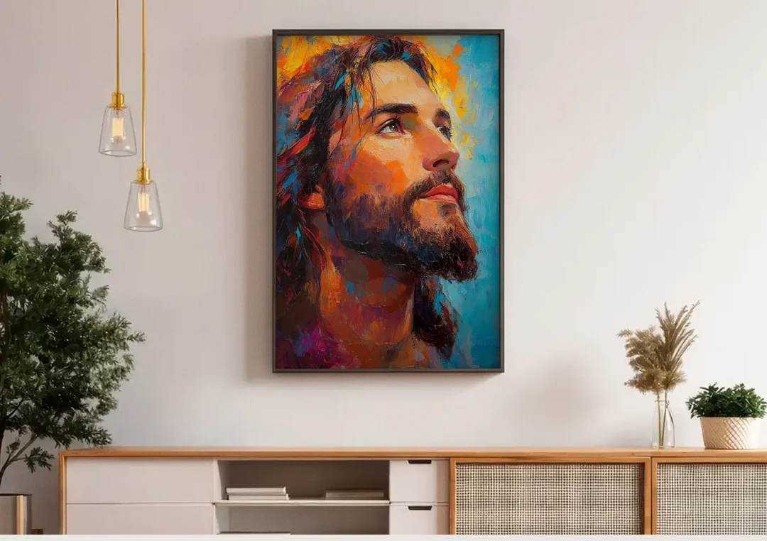Jesus in Light Christian Absctact canvas wall art above a wooden sideboard under pendant lights