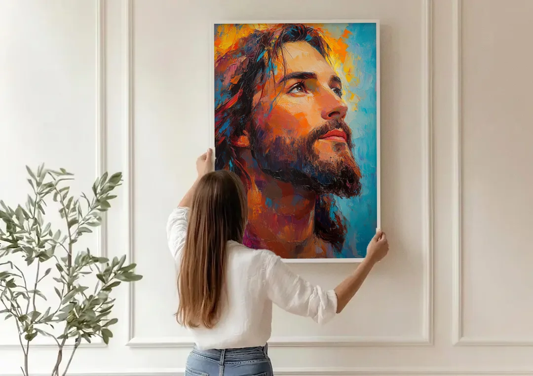 Jesus in Light Christian Absctact canvas wall art being hung on a paneled wall