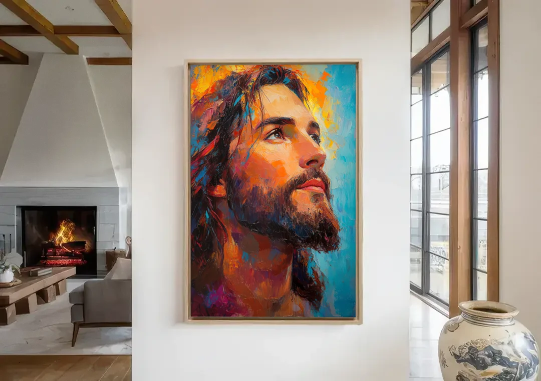 Jesus in Light Christian Absctact canvas wall art in a living room with a fireplace