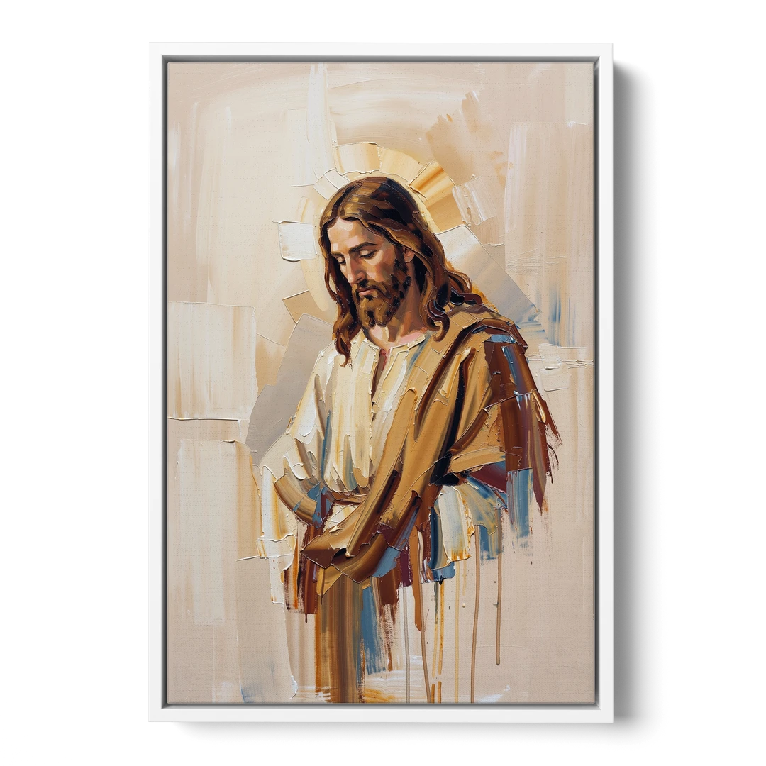 Jesus Portrait Modern Christian - White Framed Canvas Wall Art - Front