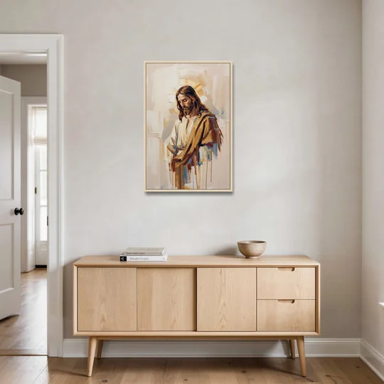 Jesus Portrait Modern Christian - Oak Framed Canvas Wall Art - Coffee Table - 24x36