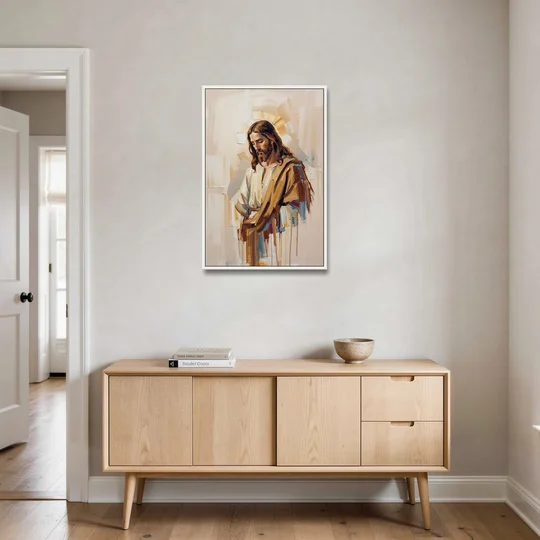 Jesus Portrait Modern Christian - White Framed Canvas Wall Art - Coffee Table - 24x36