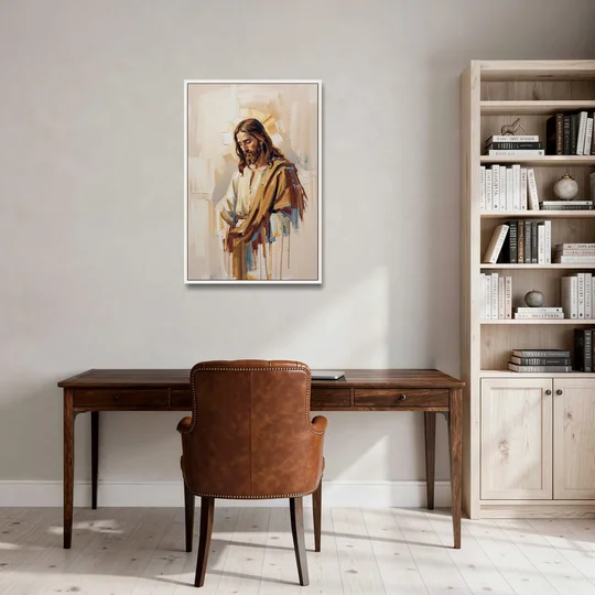 Jesus Portrait Modern Christian - White Framed Canvas Wall Art - Office - 24x36