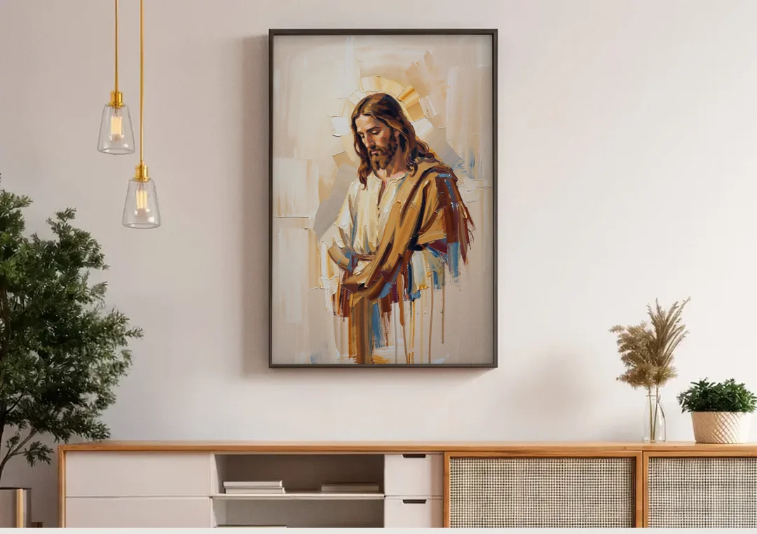 Jesus Portrait Modern Christian canvas wall art above a wooden sideboard under pendant lights