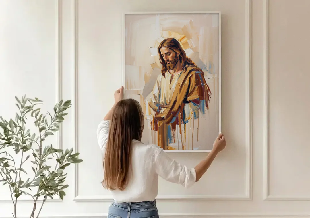Jesus Portrait Modern Christian canvas wall art being hung on a paneled wall