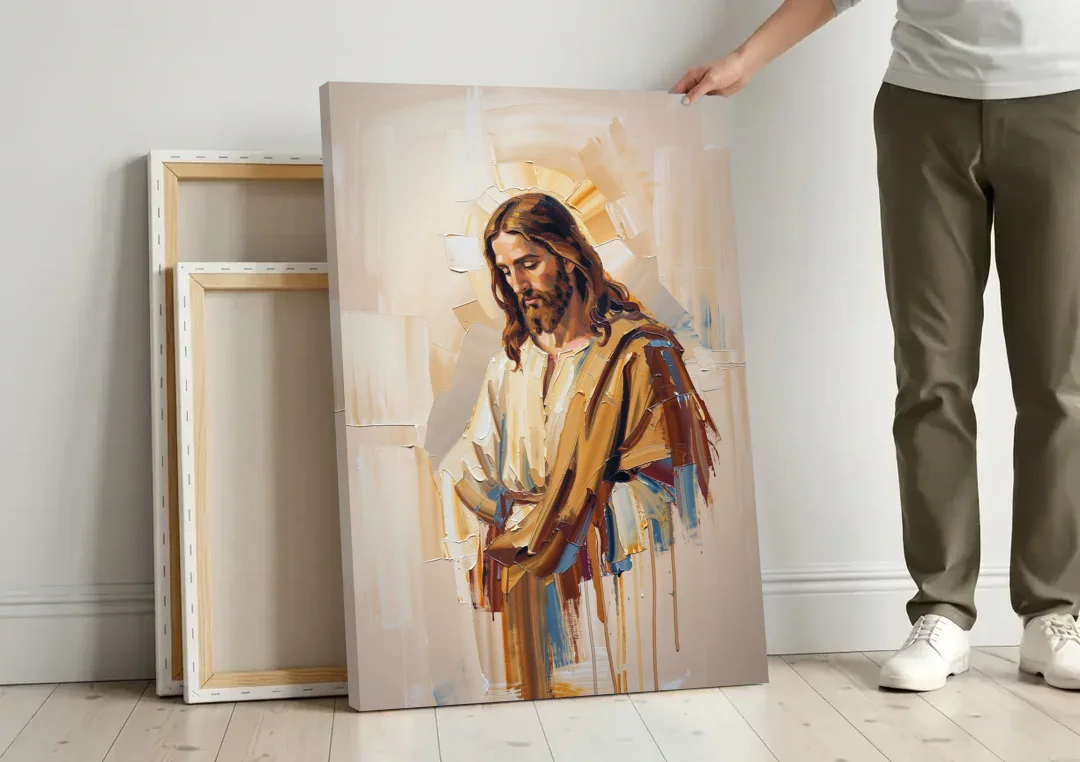 Jesus Portrait Modern Christian canvas wall art leaning against a wall next to blank canvases