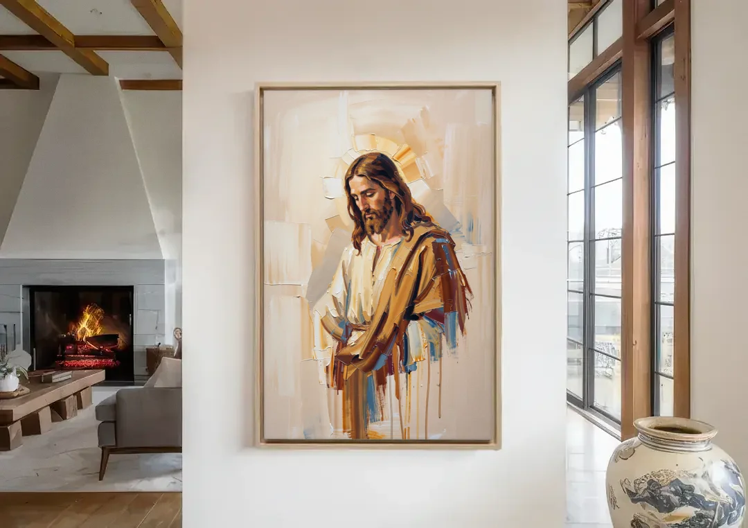 Jesus Portrait Modern Christian canvas wall art in a living room with a fireplace