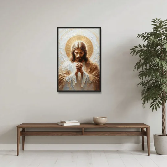 Jesus Praying - Black Framed Canvas Wall Art - Coffee Table - 24x36