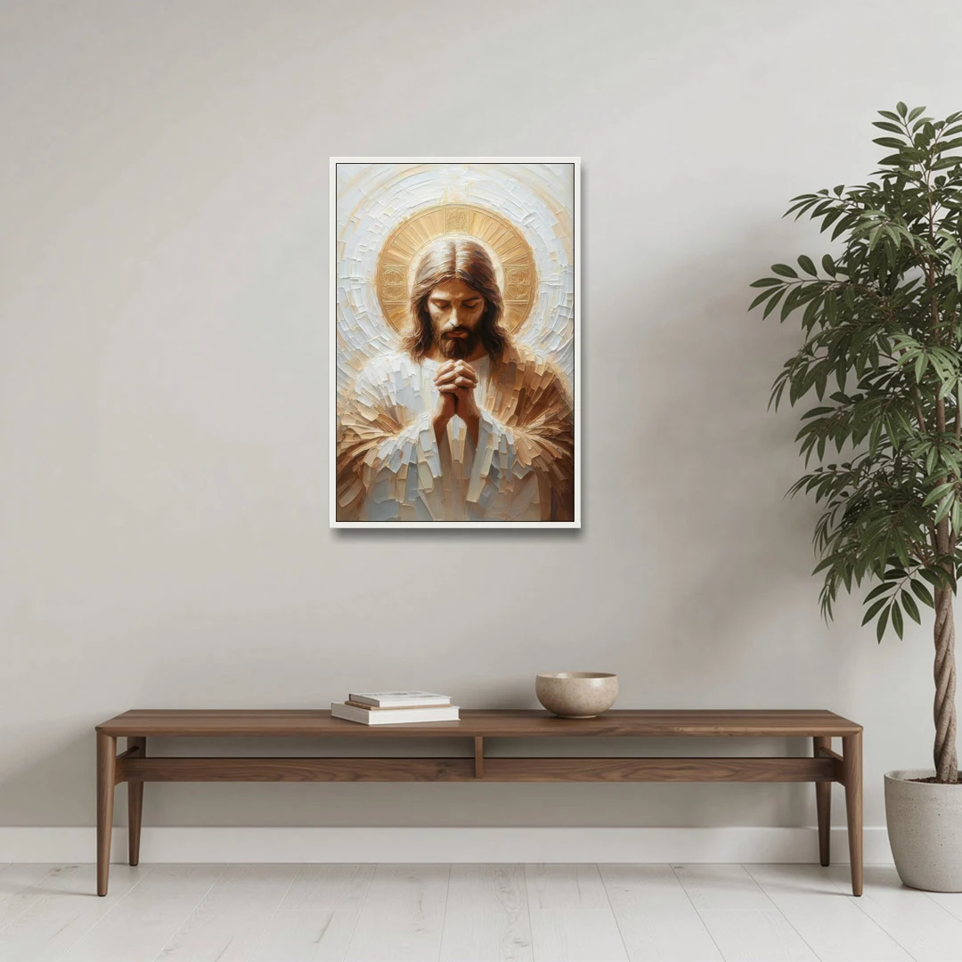 Jesus Praying - White Framed Canvas Wall Art - Coffee Table - 24x36
