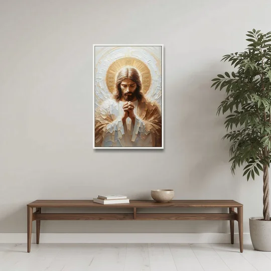 Jesus Praying - White Framed Canvas Wall Art - Coffee Table - 24x36