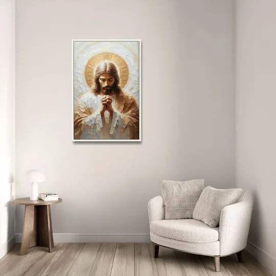 Jesus Praying - White Framed Canvas Wall Art - Sofa - 24x36