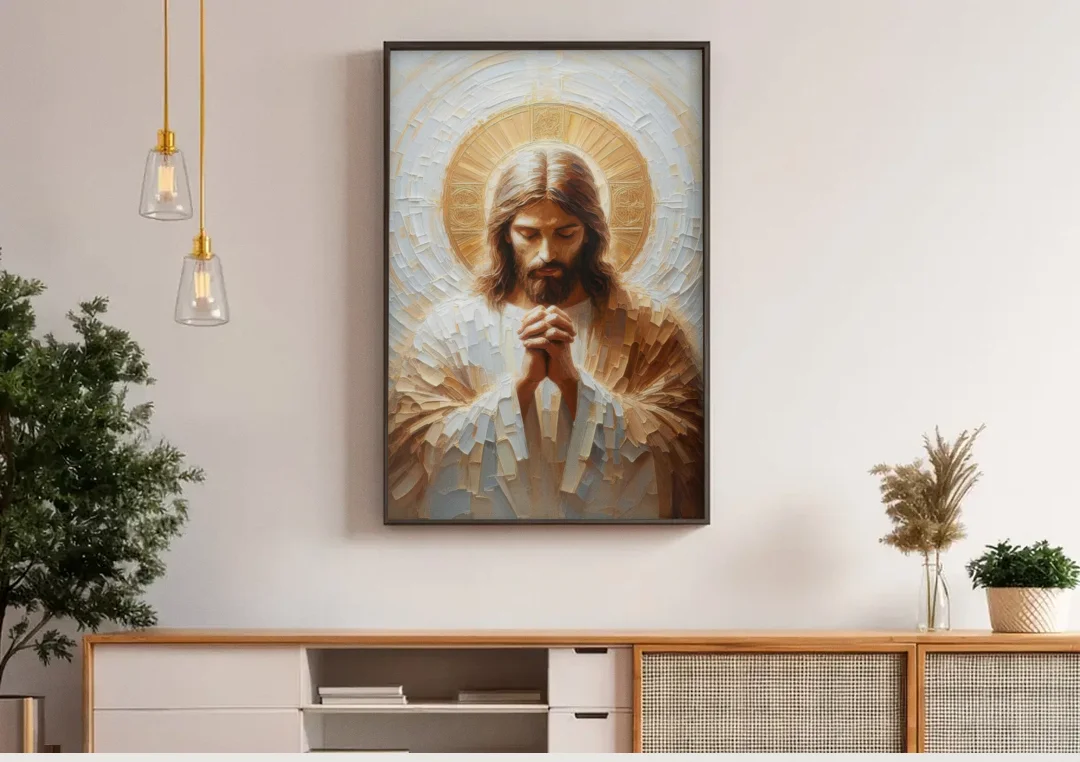 Jesus Praying canvas wall art above a wooden sideboard under pendant lights