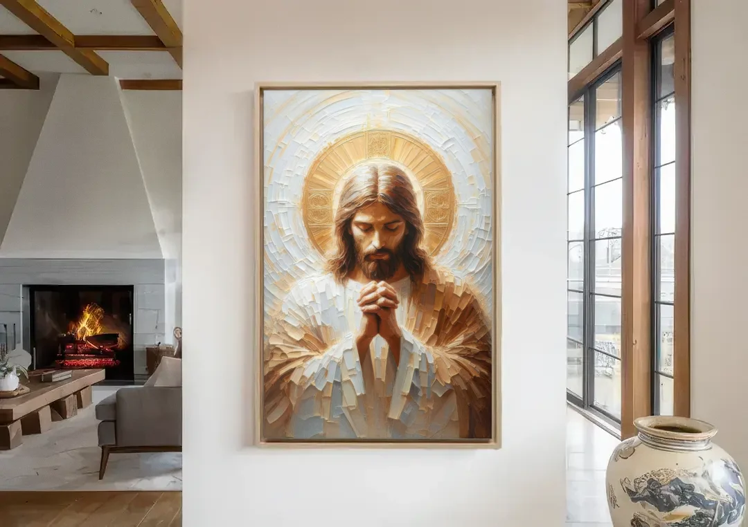 Jesus Praying canvas wall art in a living room with a fireplace
