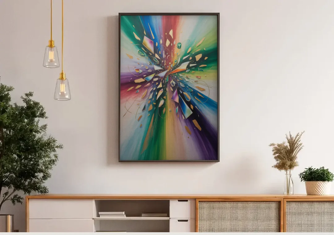 Jewel Toned Dynamic Colorful Abstract canvas wall art above a wooden sideboard under pendant lights