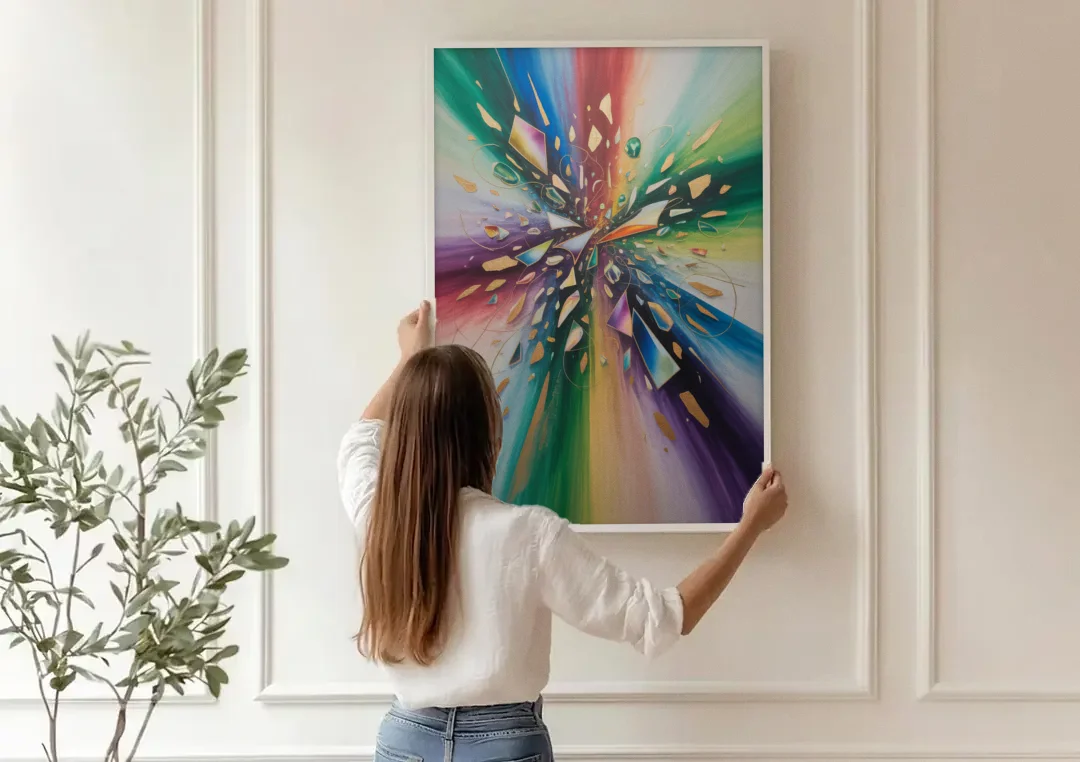 Jewel Toned Dynamic Colorful Abstract canvas wall art being hung on a paneled wall