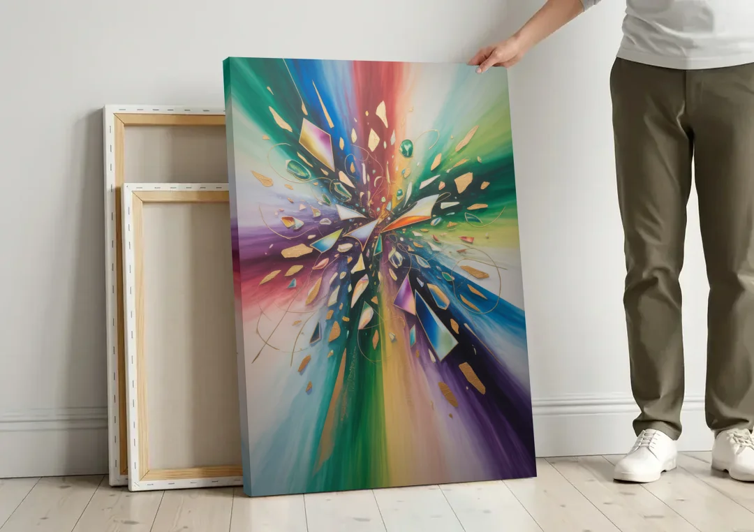 Jewel Toned Dynamic Colorful Abstract canvas wall art leaning against a wall next to blank canvases