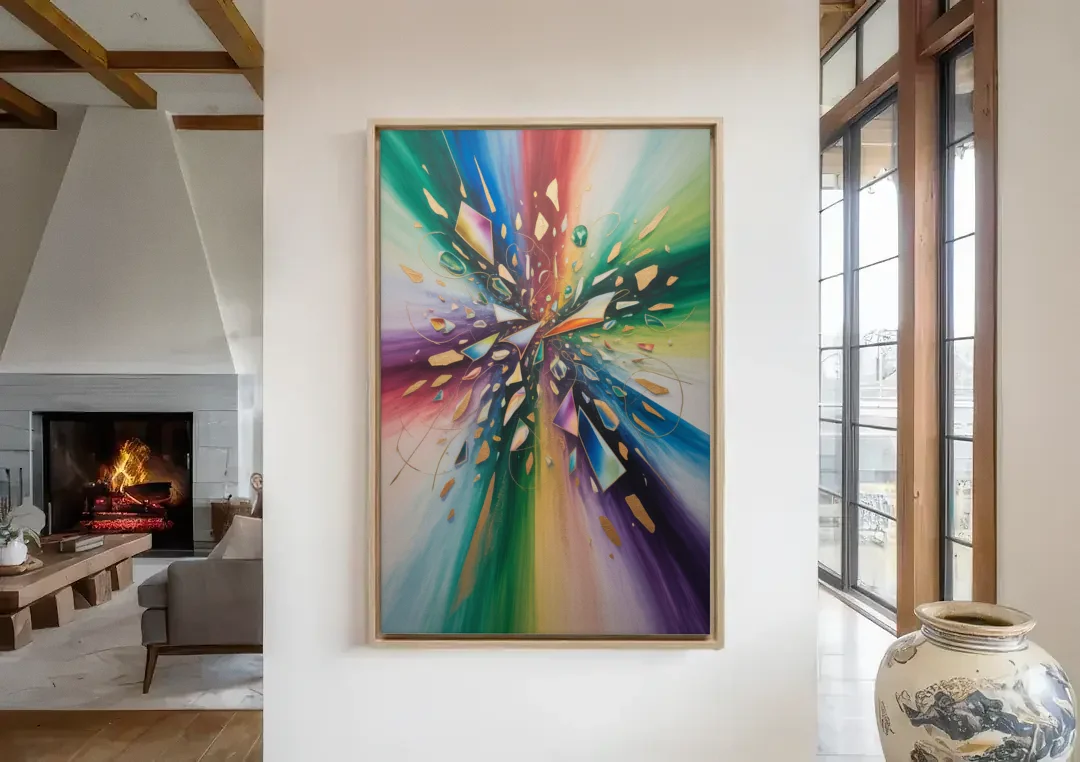 Jewel Toned Dynamic Colorful Abstract canvas wall art in a living room with a fireplace