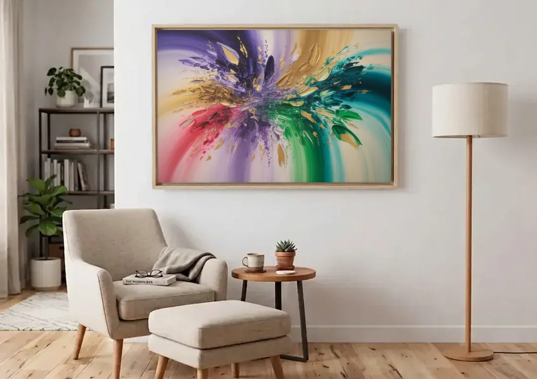 JewelToned Dynamics Colorful Abstract canvas wall art above an armchair in a bright living room