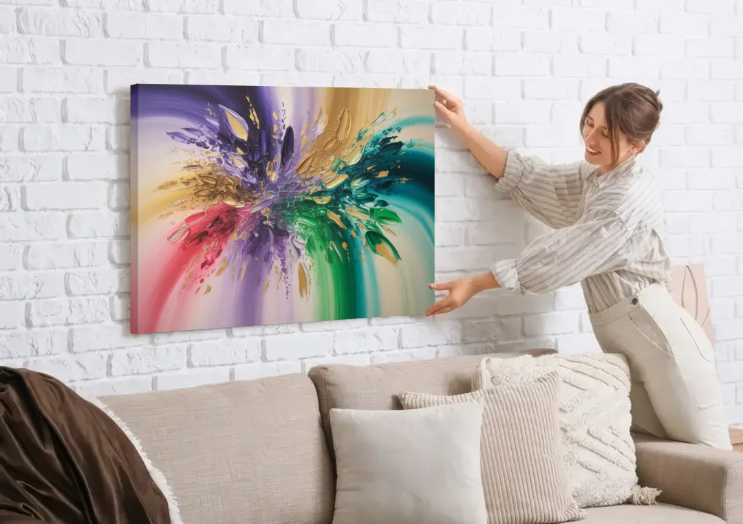 JewelToned Dynamics Colorful Abstract canvas wall art being hung on a white brick wall above a sofa