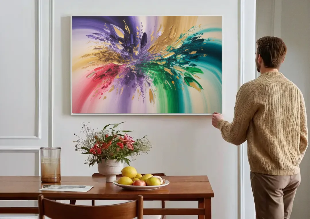 JewelToned Dynamics Colorful Abstract canvas wall art above a dining table