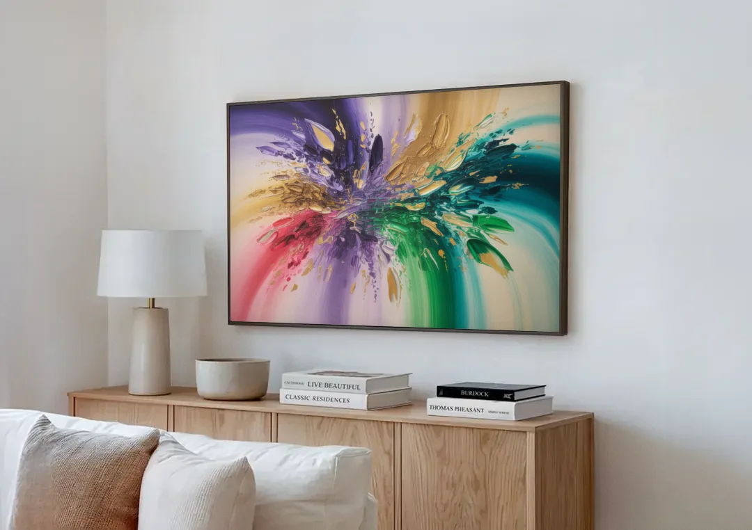 JewelToned Dynamics Colorful Abstract canvas wall art above a wooden sideboard next to a sofa