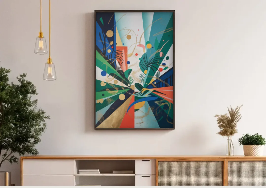JewelToned Urban Energy Colorful Abstract canvas wall art above a wooden sideboard under pendant lights