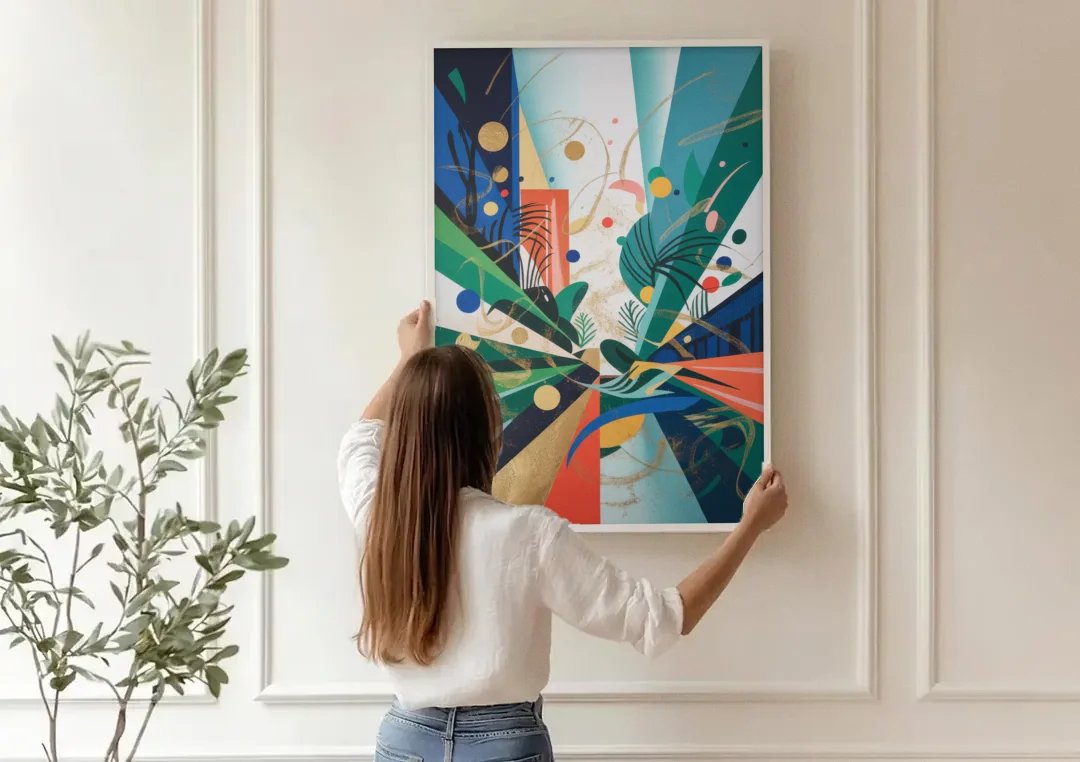 JewelToned Urban Energy Colorful Abstract canvas wall art being hung on a paneled wall