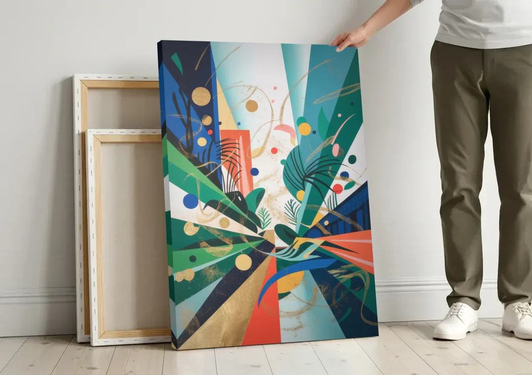 JewelToned Urban Energy Colorful Abstract canvas wall art leaning against a wall next to blank canvases