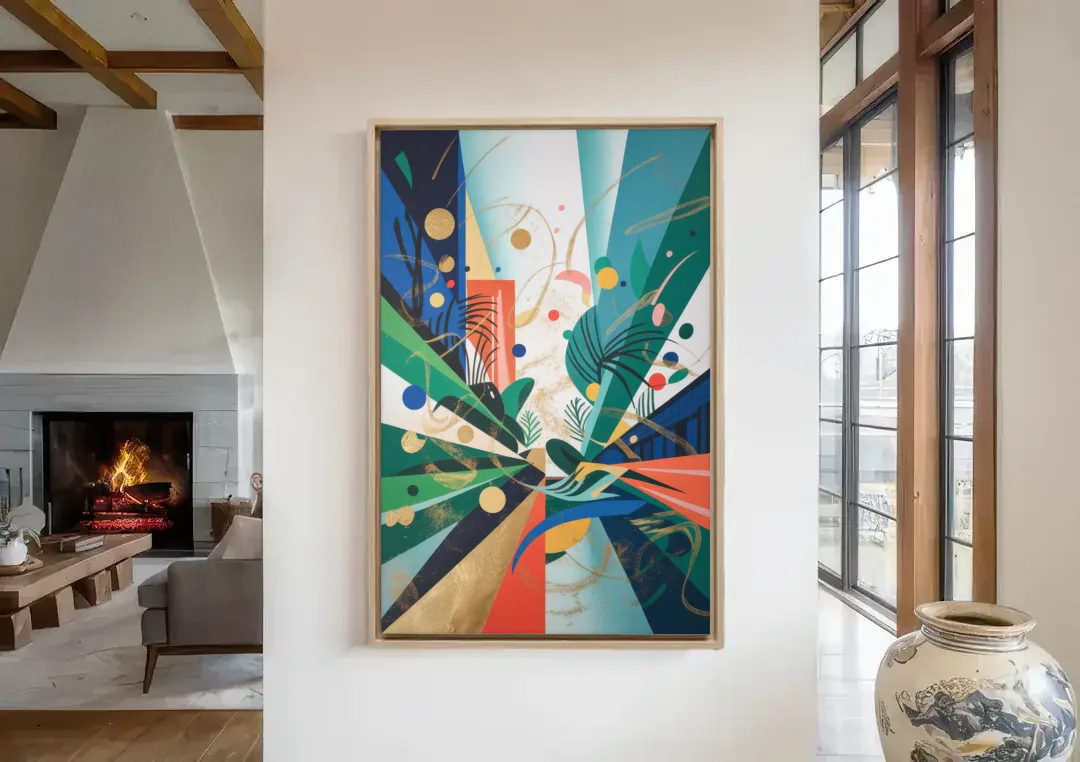 JewelToned Urban Energy Colorful Abstract canvas wall art in a living room with a fireplace