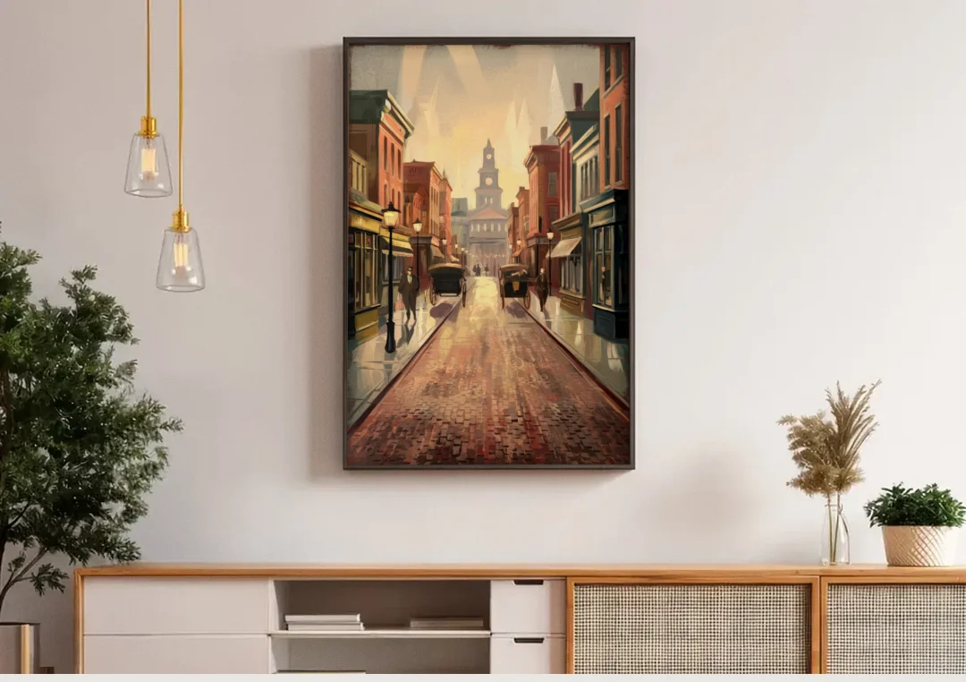 Joseph Historic Downtown canvas wall art above a wooden sideboard under pendant lights