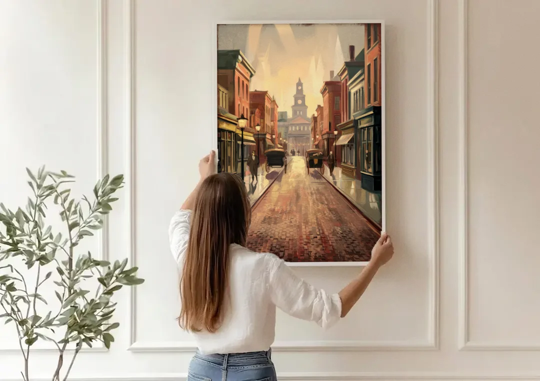 Joseph Historic Downtown canvas wall art being hung on a paneled wall