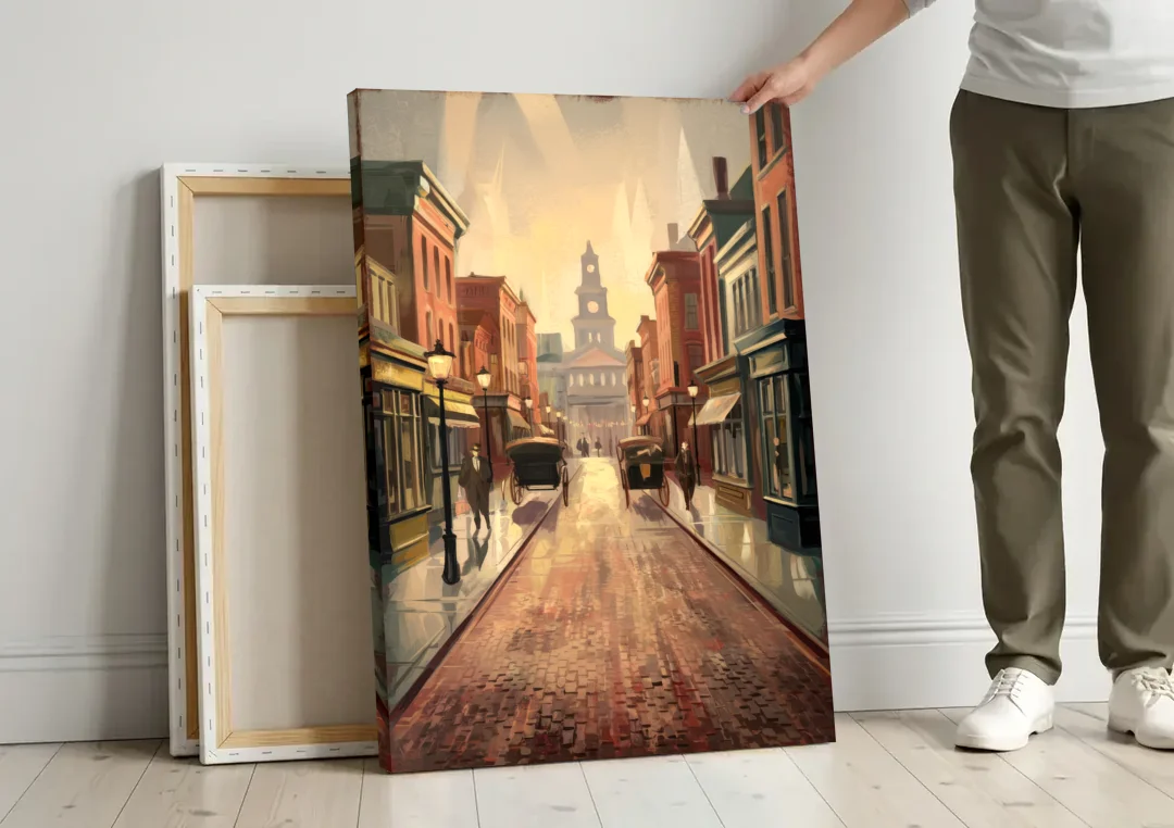 Joseph Historic Downtown canvas wall art leaning against a wall next to blank canvases